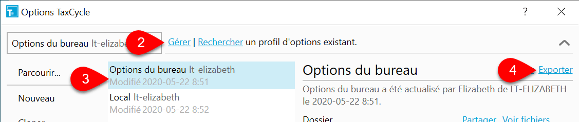 Capture d’écran : Exporter un profil d'options