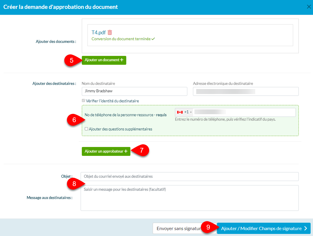 Capture d'écran : Fenêtre pour créer une demande d'approbation de document