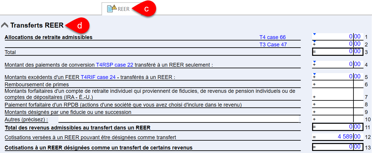 Capture d'écran : Section Transferts REER