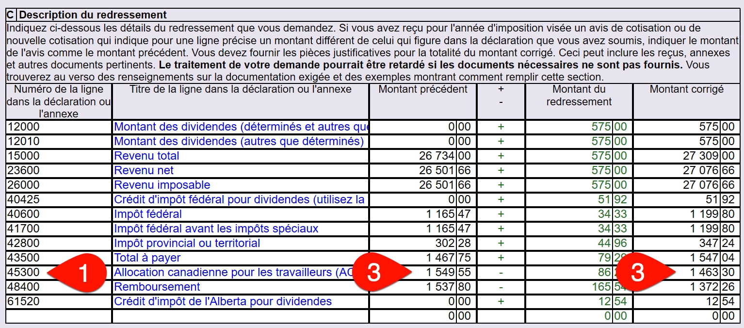 Capture d'écran : Ligne 45300 de la T1-ADJ