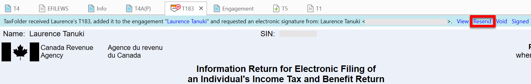Screen Capture: Resend the signature request in TaxCycle