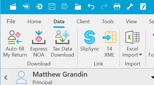 Screen Capture: Data Menu in TaxCycle