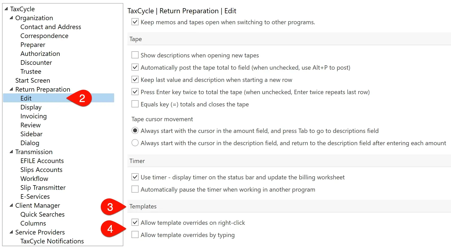 Screen Capture: Return Preparation, Edit Options
