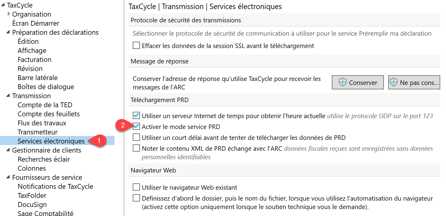 Capture d'écran : Activer le mode service PRD dans les options de TaxCycle