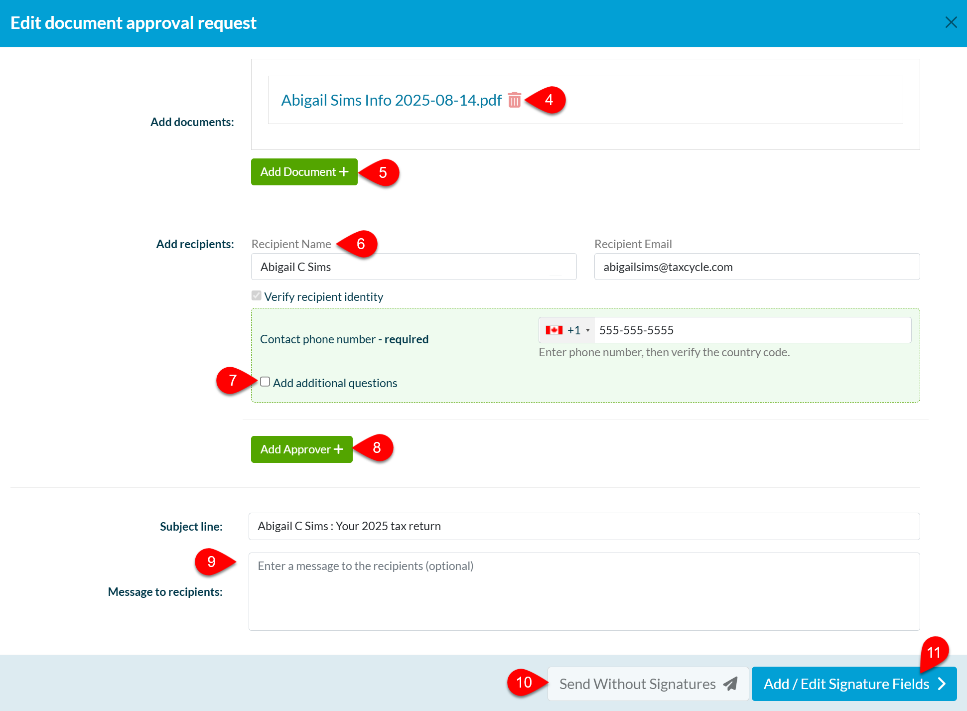 Screen Capture: Edit Document Approval Request in TaxFolder