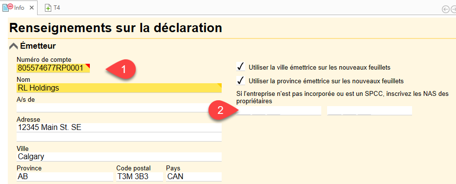 Capture d'écran : Renseignements de l'émetteur