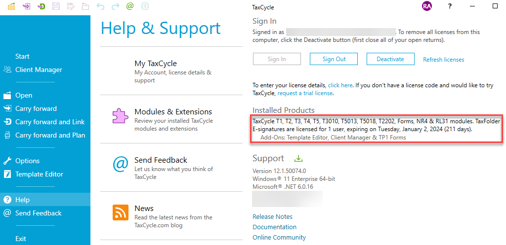 Screen Capture: Installed products and TaxCycle license details