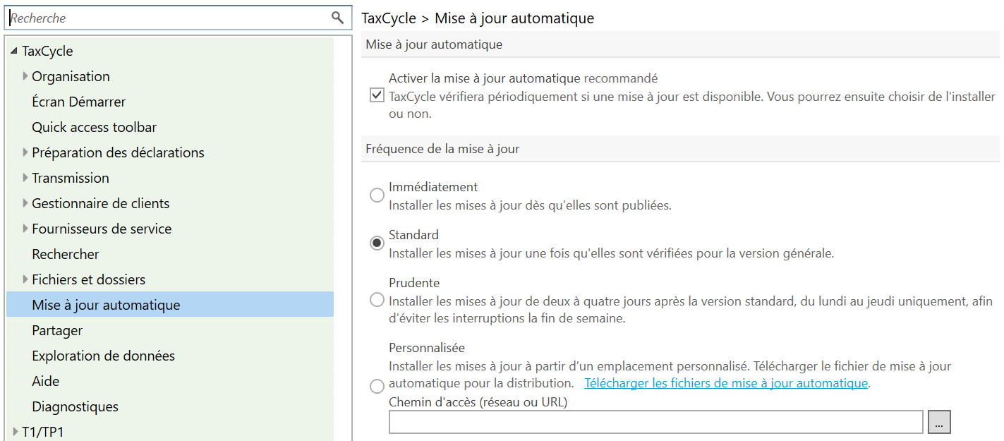 Screen Capture: New Auto-update frequencies in TaxCycle Options