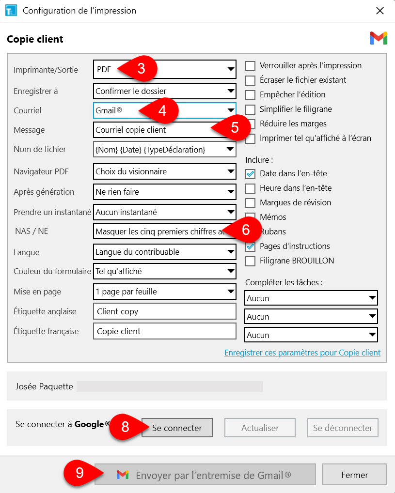 Capture d'écran : Envoyer par l'entremise de Gmail