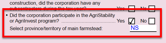 Screen Capture: Did the corporation participate in the AgriStability or AgriInvest program?