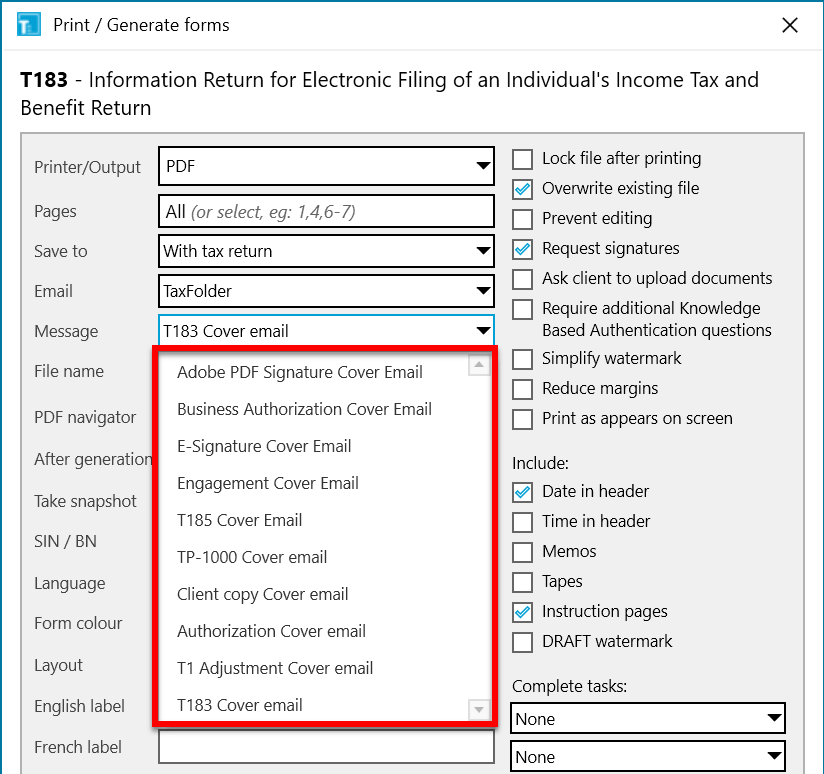 Screen Capture: Message Drop-down on Printer Output Options