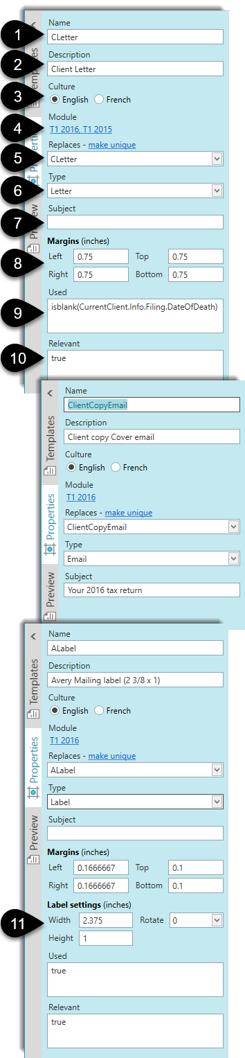 Set the properties for a template