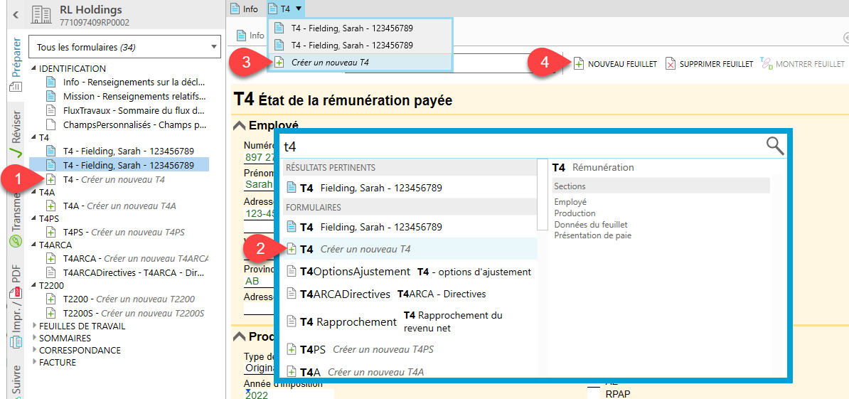 Capture d'écran : Comment créer un nouveau feuillet T4 dans TaxCycle