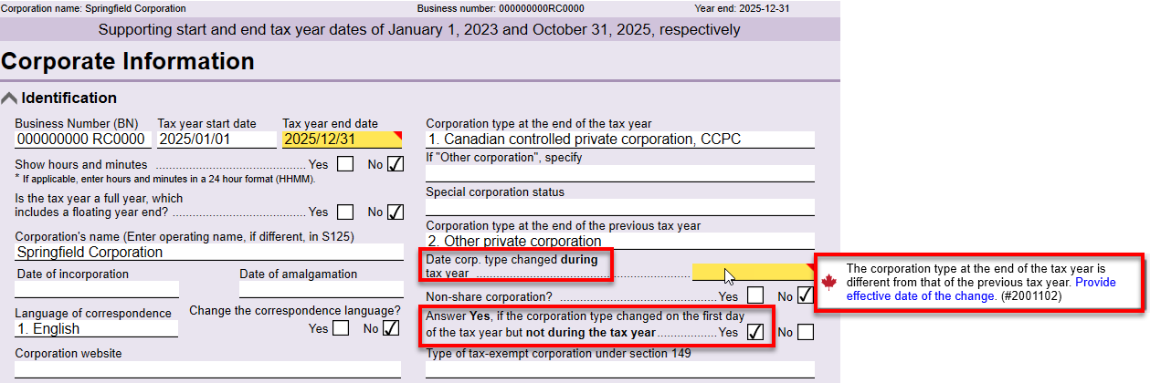Screen Capture: Corporation type change on Info worksheet