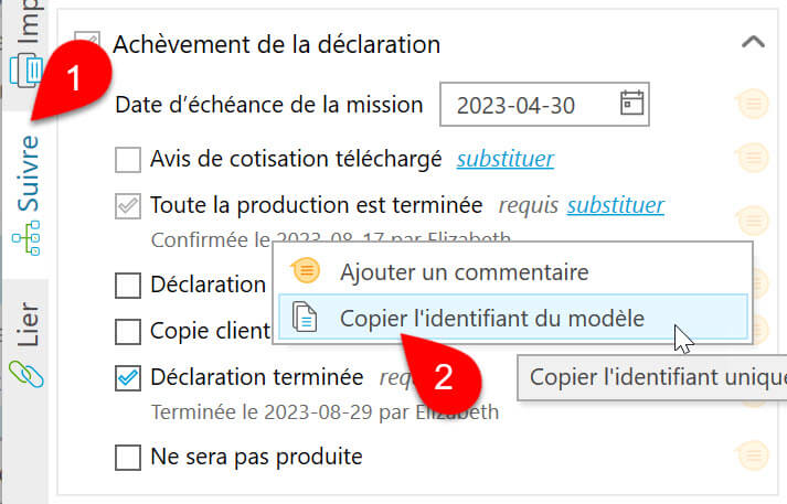 Capture d'écran : barre latérale Suivre, copier l'identifiant du modèle