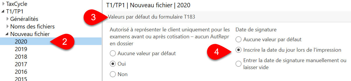 Capture d’écran : Date de signature par défaut