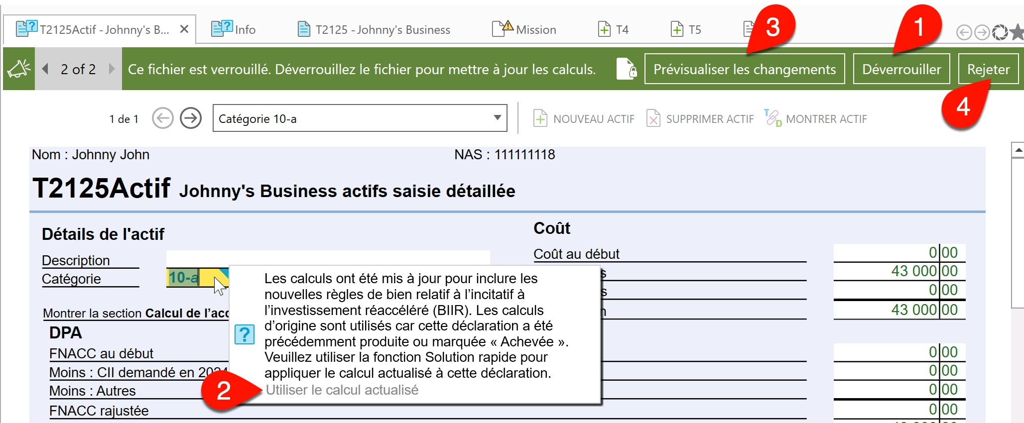 Capture d'écran : Déverrouillez le fichier pour mettre à jour les calculs