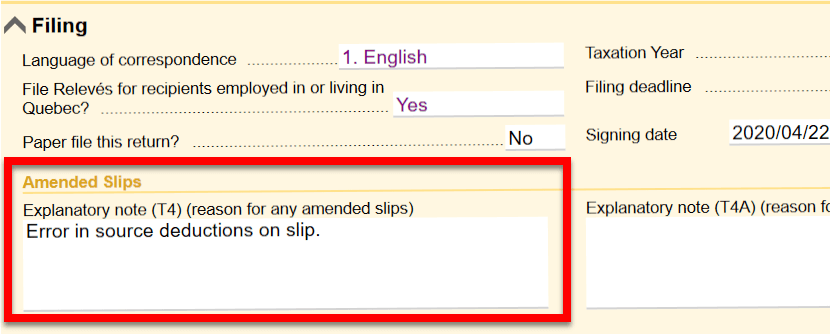 Screen Capture: Explanatory note (T4) (reason for any amended slips)