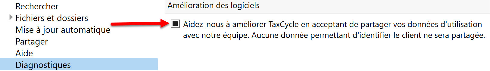 Capture d'écran : Option de données d'utilisation des diagnostiques