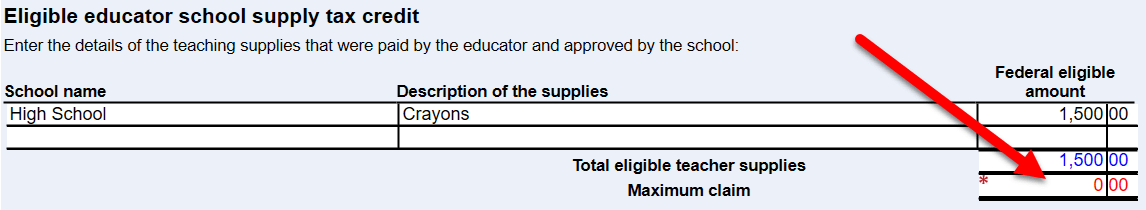 Screen Capture: Override School Supply Tax Credit