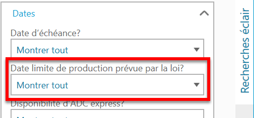 Capture d’écran : Volet latéral Recherches éclair