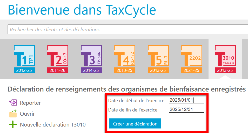 Capture d'écran : Créer une nouvelle déclaration T3010