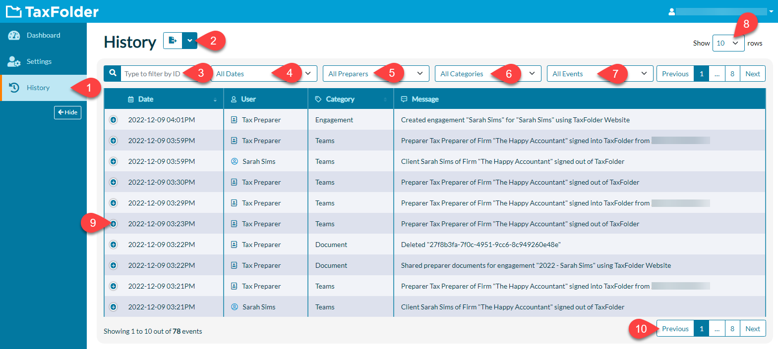 Screen Capture: TaxFolder History