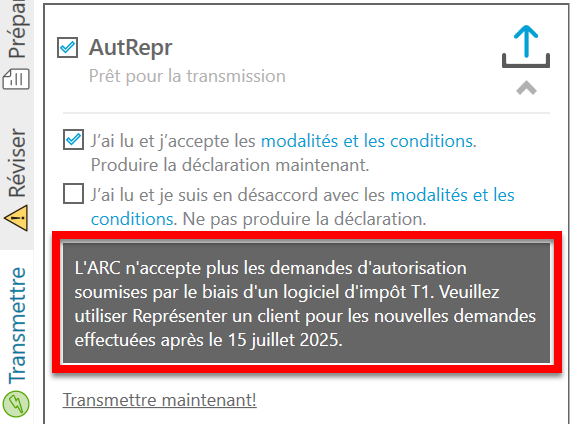 Capture d'écran : message de l'ARC dans la boîte AutRepr
