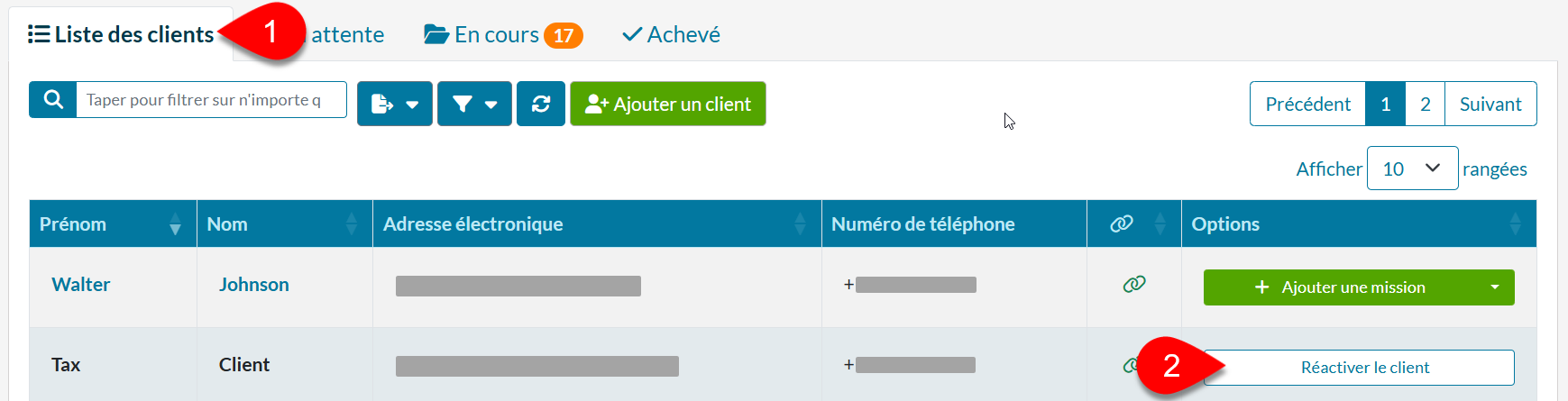 Capture d'écran : Réactiver le client dans TaxFolder