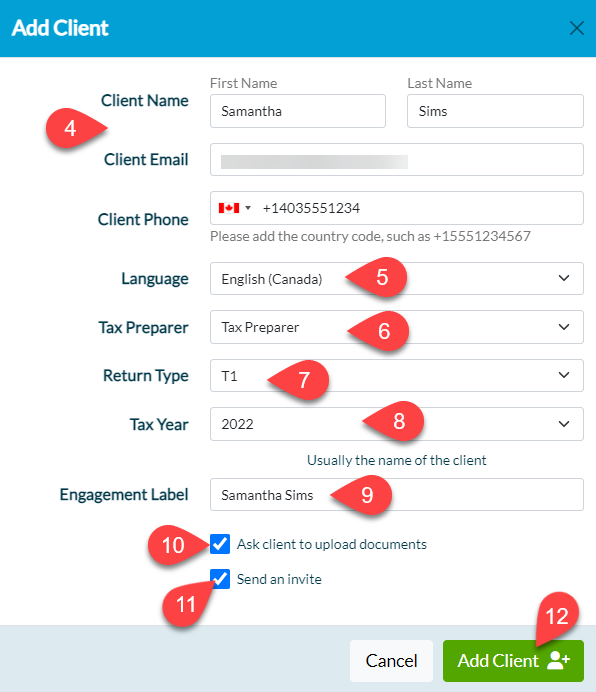 Screen Capture: Add Client in TaxFolder