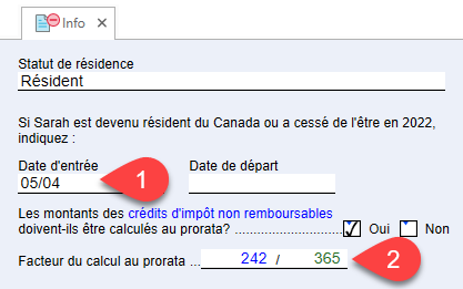 Capture d'écran : Statut de résidence sur la grille de calcul Info