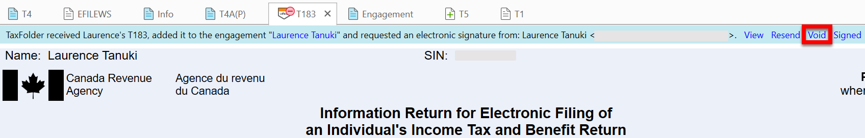 Screen Capture: Void the signature request in TaxCycle