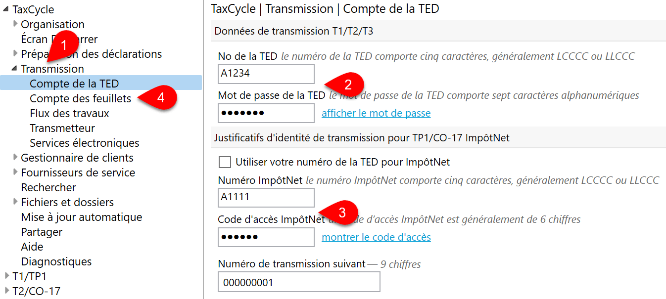 Screen Capture:  Options des comptes de la TED