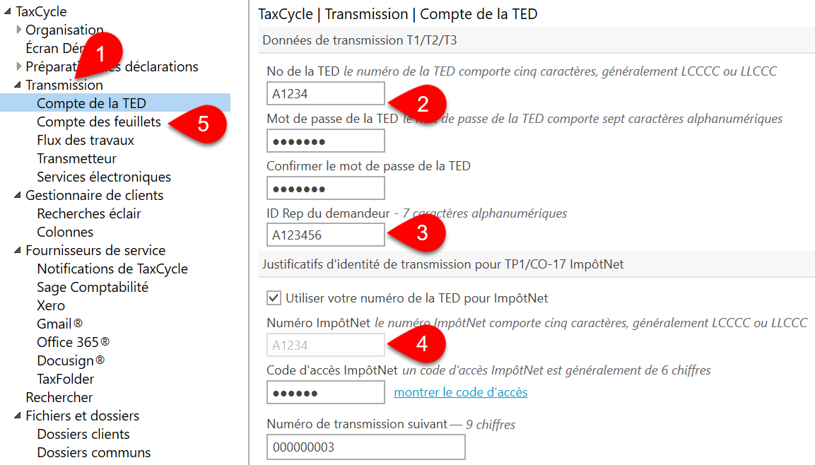 Capture d'ecran :  Options des comptes de la TED