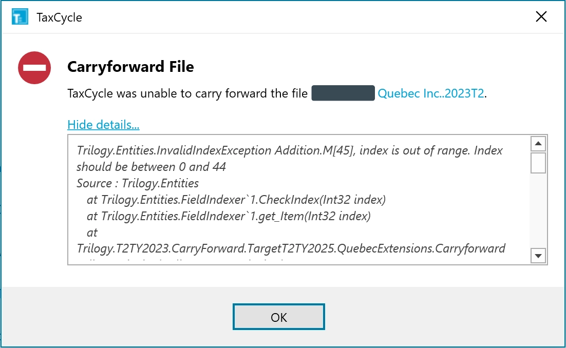 Screen Capture: Carryforward file, index is out of range error