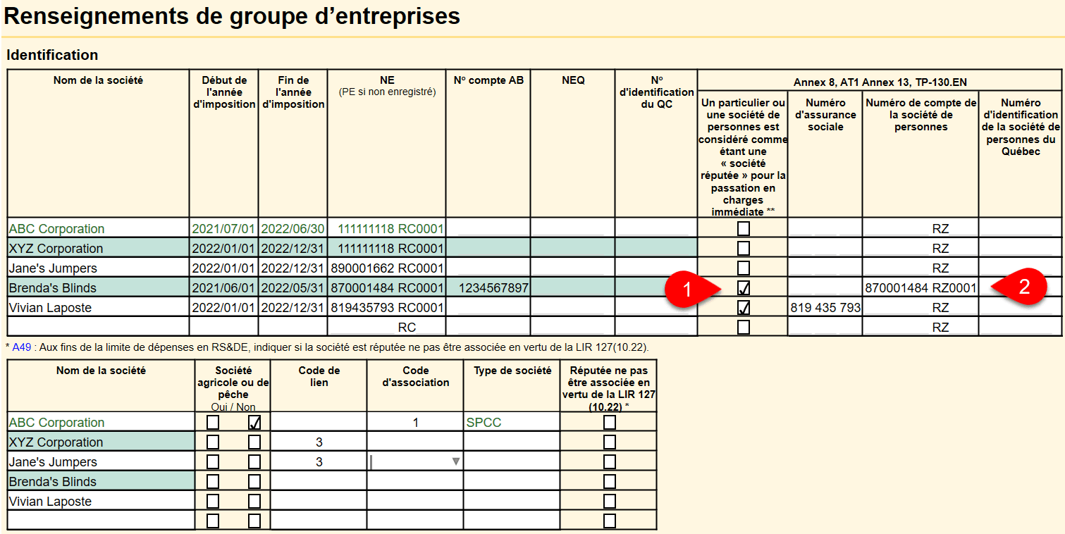 Capture d'écran : Renseignements de groupe d’entreprises