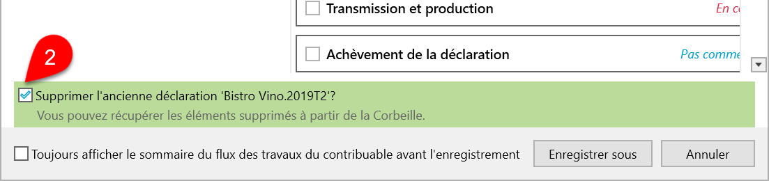 Capture d’écran : Supprimer l'ancienne déclaration T2