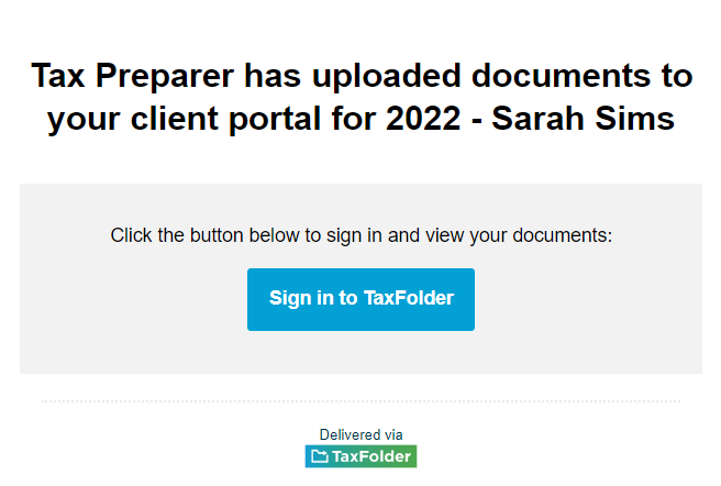 Screen Capture: TaxFolder email notification to client to view documents