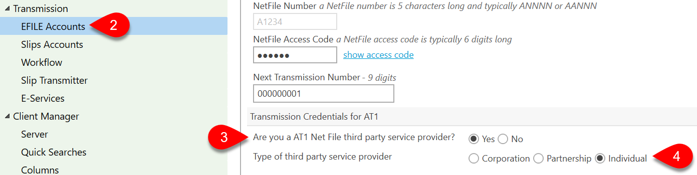 Transmission Credentials for AT1 in TaxCycle Options