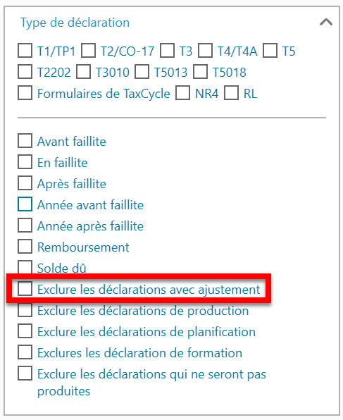 Capture d'écran : Exclure les déclarations avec ajustement