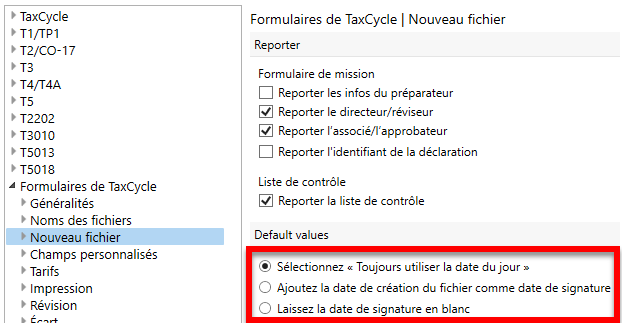 Capture d’écran : Options de nouveau fichier dans TaxCycle
