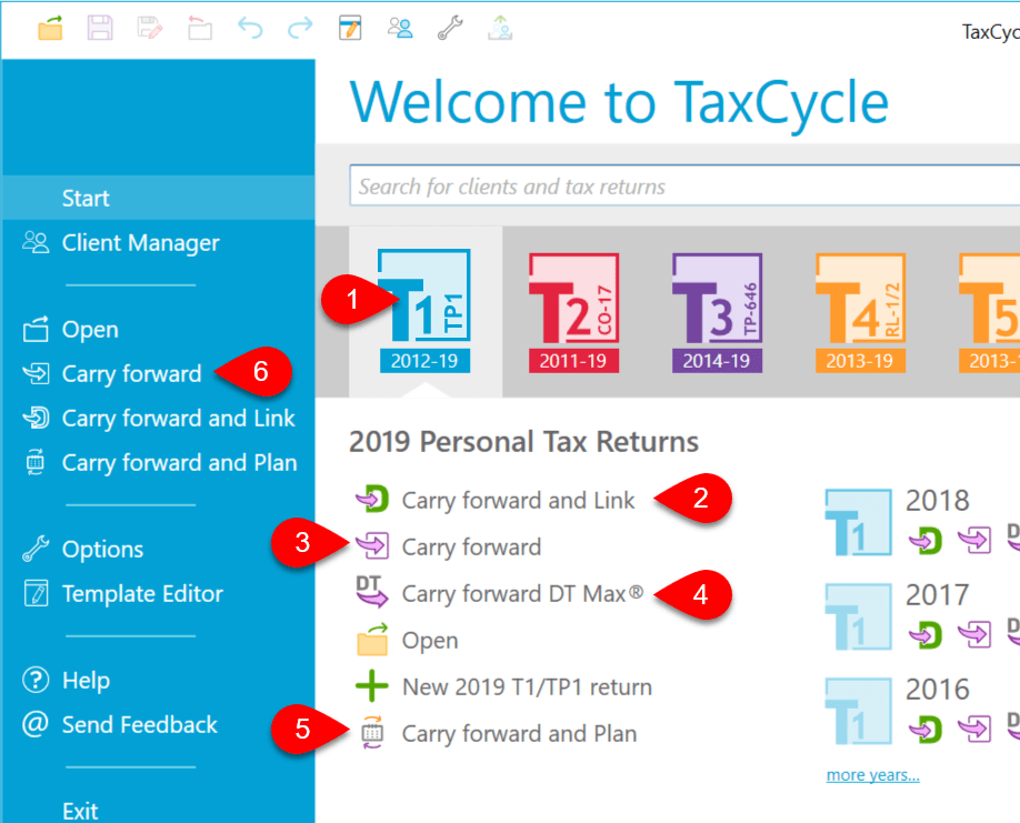 Screen Capture : Carryforward from the TaxCycle Start Screen