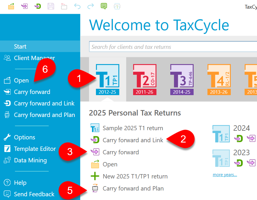 Screen Capture : Carryforward from the TaxCycle Start Screen