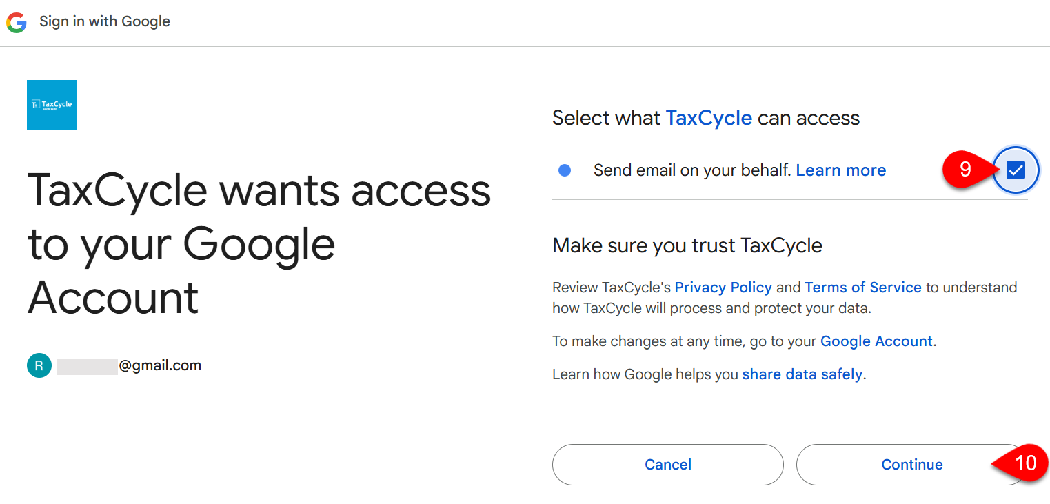 Screen Capture: Allow TaxCycle to send email on your behalf