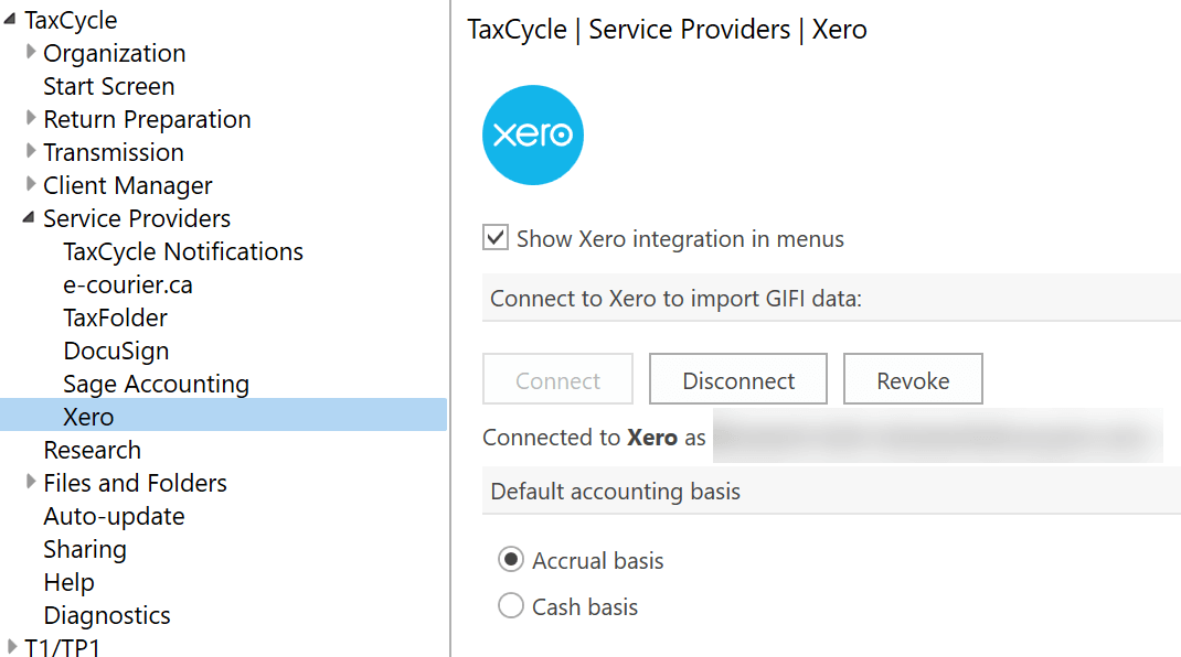 Screen Capture: Xero Integration Options