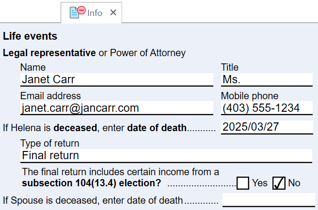 Screen Capture: Life events section on the Info worksheet