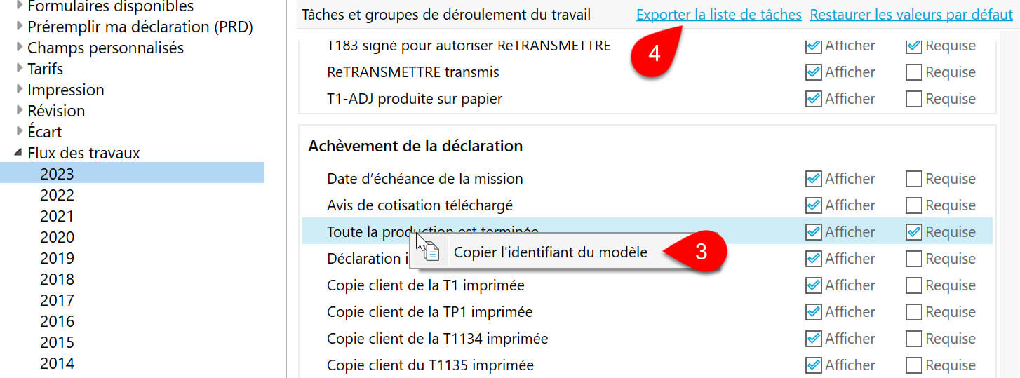 Capture d’écran : options du flux des travaux