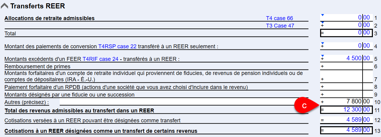 Capture d'écran : Ligne 10 sur le grille ***Cotisations au titre des REER