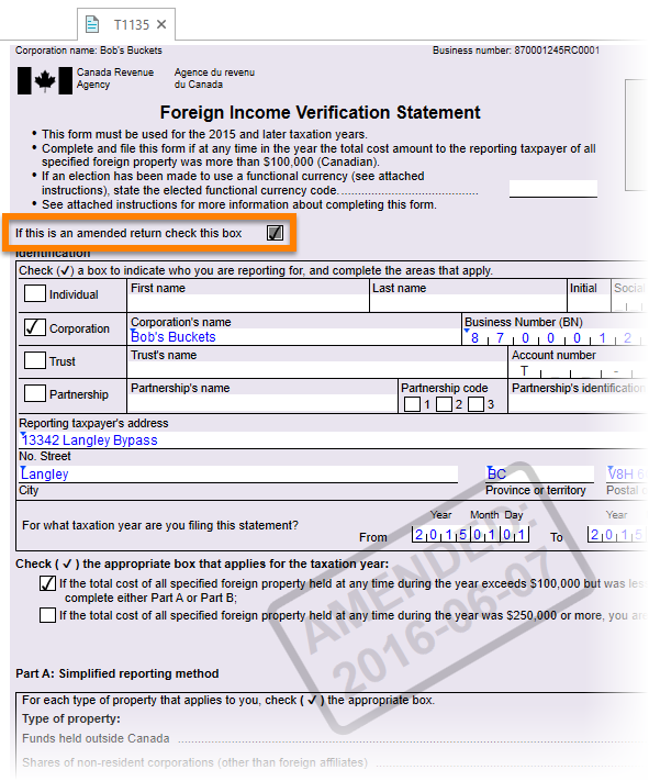 Filing an amended T1135 check box