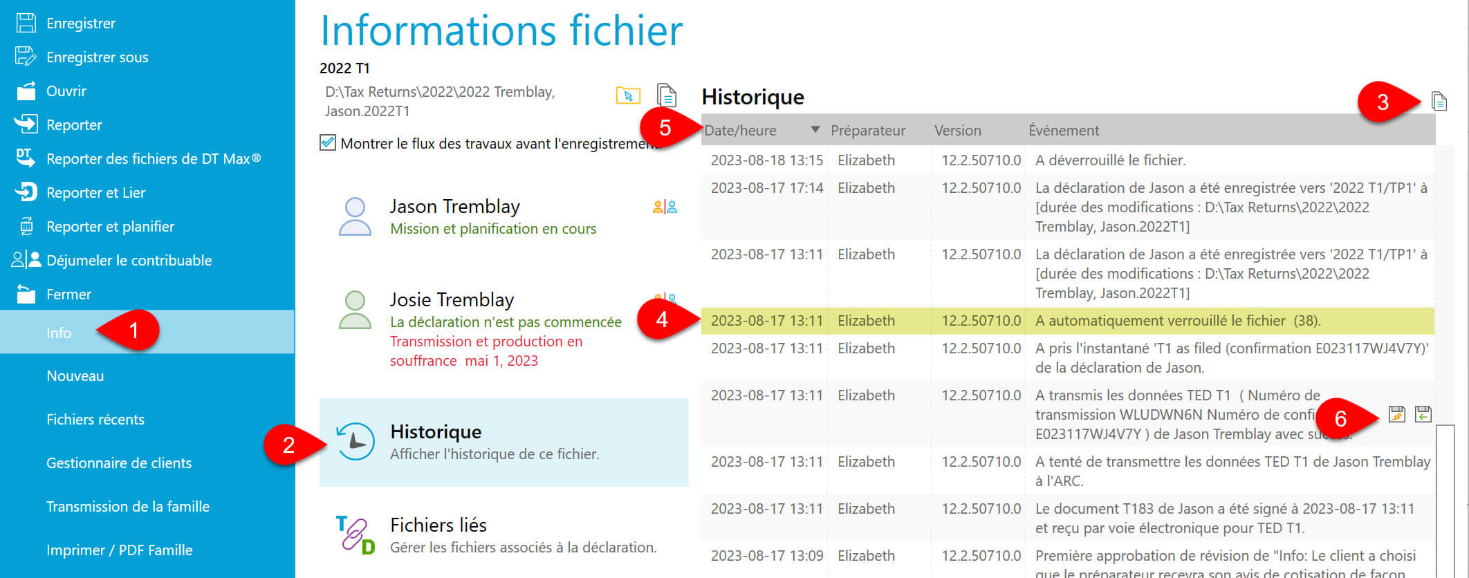 Capture d’écran : Afficher l'historique du fichier